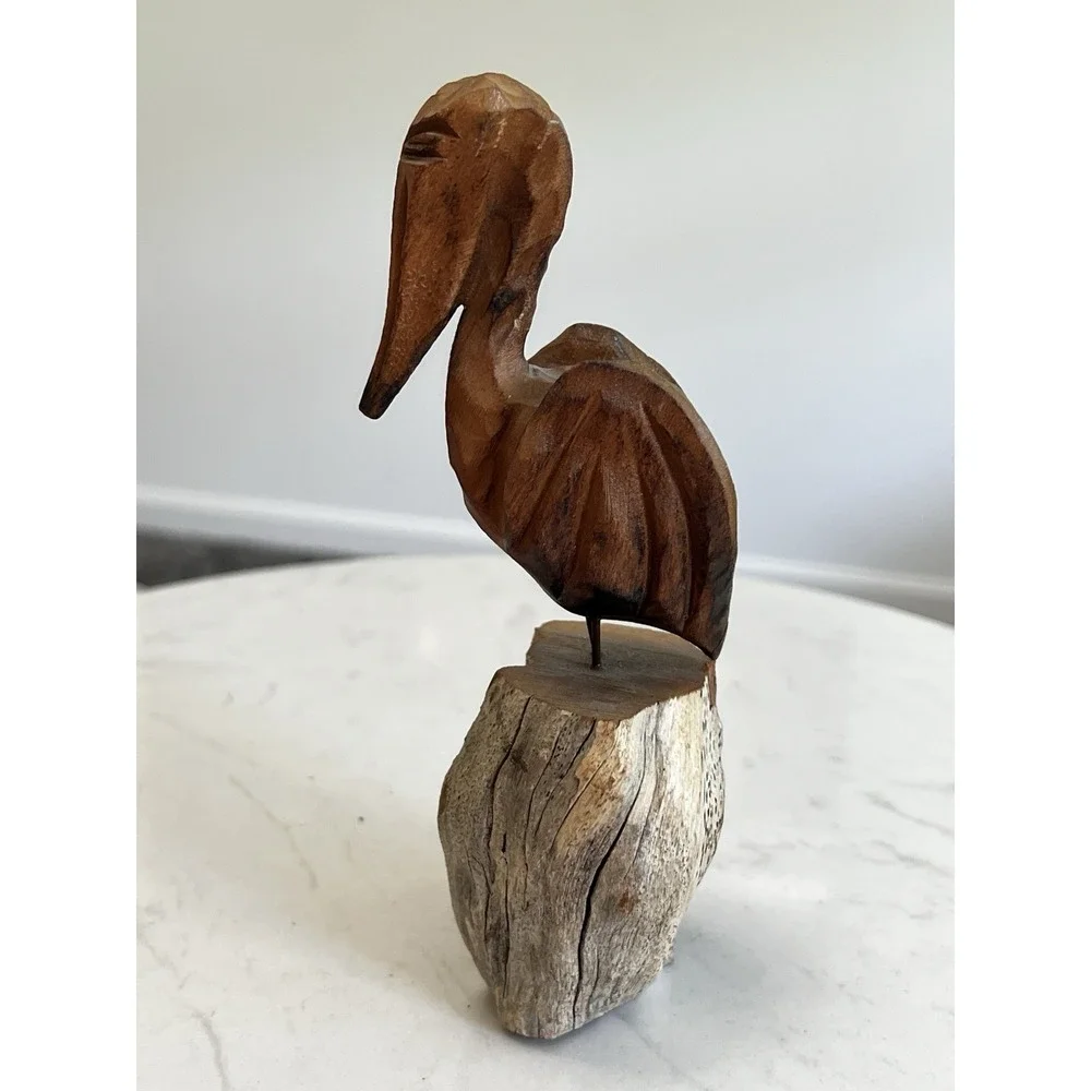 Vtg Hand Carved Wood Pelican Sculpture Driftwood Coastal Nautical Folk Art